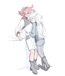  2girls asticassia_school_uniform black_boots black_hairband black_pantyhose blue_eyes boots closed_eyes commentary_request green_jacket green_shorts gundam gundam_suisei_no_majo hairband hamya1025 hand_on_another's_waist highres hug jacket korean_commentary long_hair miorine_rembran multiple_girls open_mouth pantyhose ponytail school_uniform shorts simple_background suletta_mercury thick_eyebrows white_background white_jacket white_shorts yuri 