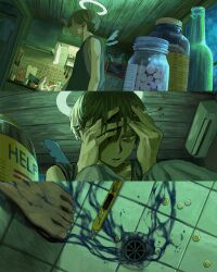  1boy air_conditioner bags_under_eyes barefoot bathroom black_tank_top blood blue_blood bottle boxcutter cigarette colored_blood commentary_request drain_(object) drugs dutch_angle green_theme halo hand_on_own_forehead hands_on_own_face highres holding holding_cigarette implied_self-harm indoors jar kitchen knees_up kojima_midoriko male_focus mini_wings multiple_views original parted_lips short_hair sitting tank_top wings wooden_wall 