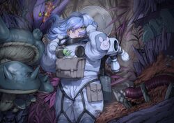  1girl alien animal_print astronaut blue_eyes blue_hair bug child commentary english_commentary floating_hair forest grass green_eyes hand_on_own_head helmet heterochromia highres in_container jetpack looking_at_viewer microphone mushroom nature original pincers plant pouch rabbit_print science_fiction solo_focus space_helmet spacesuit sparkling_eyes standing suima_(sleepiness18) tentacles tree uneven_eyes unworn_headwear unworn_helmet worm 