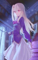  1girl absurdres blush breasts commentary fate/stay_night fate_(series) highres illyasviel_von_einzbern kaze_22 long_hair long_sleeves looking_at_viewer purple_shirt red_eyes shirt skirt small_breasts smile solo white_hair white_skirt 