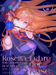  1girl absurdres aqua_flower aqua_rose bang_dream! bang_dream!_girls_band_party! bare_shoulders birthday black_flower black_rose blue_background blue_flower blue_rose breasts brown_hair commentary corset dated detached_sleeves dress earrings fingernails flower green_eyes happy_birthday hat hat_ornament highres holding holding_flower imai_lisa jewelry long_hair long_sleeves looking_at_viewer medium_breasts purple_corset purple_dress rose solo twitter_x_logo upper_body yue_mao_(yukinihime) 