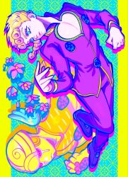  1boy 1other aqua_eyes blonde_hair bracelet braid braided_ponytail cleavage_cutout clothing_cutout colored_skin commentary compound_eyes earrings english_commentary flower full_body giorno_giovanna gold_experience gold_skin high_collar highres jacket jewelry jojo_no_kimyou_na_bouken ladybug_brooch ladybug_ornament long_sleeves male_focus muajtm pants pectoral_cleavage pectorals pink_flower purple_jacket purple_pants purple_shoes shoes single_braid stand_(jojo) stud_earrings vento_aureo victory_rolls violet_eyes wing_ornament yellow_skin 