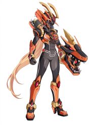  1girl absurdres alternate_eye_color arm_cannon armor armored_boots assault_visor biometal blonde_hair body_armor bodysuit boots breasts chest_cannon commission commissioner_upload covered_abs covered_navel cynthia_(mega_man_zx_zeta) elbow_gloves fake_horns forehead_jewel full_body gauntlets gloves helmet high_heel_boots high_heels highres horned_helmet horns knee_armor knee_boots long_hair mechanical_ears medium_breasts mega_man_(series) mega_man_zx model_f_(mega_man) non-web_source ponytail red_eyes redesign shoulder_armor solo thighs transparent_background uta_guipiy weapon 