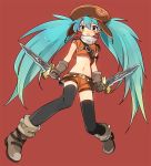  .hack//quantum aqua_eyes aqua_hair bad_id black_legwear boots dadami dual_wielding facial_mark gloves hat long_hair midriff navel sakuya_(.hack//) shorts solo sword thighhighs twintails weapon 