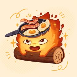  artist_name bacon calcifer commentary egg_(food) elemental_(creature) fire_elemental food frying_pan highres howl_no_ugoku_shiro kaaileen log no_humans open_mouth solo sparkle 