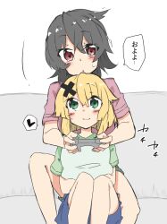  2girls akatsuki_kirika black_hair blonde_hair blue_shorts blush closed_mouth commentary_request controller feet_out_of_frame game_controller green_eyes green_shirt hair_ornament holding holding_controller holding_game_controller holding_pillow koma_kitsune_(kururito) looking_at_another medium_hair multiple_girls open_mouth pillow pink_shirt senki_zesshou_symphogear shirt short_hair shorts sitting smile translation_request tsukuyomi_shirabe violet_eyes white_background x_hair_ornament 