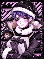  2boys :3 :d ^_^ ace_trappola ace_trappola_(nightmare_courier) aegyo_sal bad_id bad_twitter_id beanie black_background black_eyeshadow black_gloves black_hat black_jacket black_outline blue_eyes blue_hair blush box chibi chibi_inset choppy_bangs closed_eyes coat commentary_request deuce_spade deuce_spade_(nightmare_courier) diagonal-striped_background eyeshadow facial_mark fur-trimmed_coat fur-trimmed_headwear fur_trim gift gift_box gloves halftone hat heart heart_facial_mark highres holding holding_gift jacket looking_at_viewer lost_in_the_book_with_tim_burton's_the_nightmare_before_christmas makeup male_focus mpz77 multiple_boys mystical_high_collar notice_lines orange_hair outer_glow outline pale_skin parted_bangs patchwork_clothes pink_background pink_outline polka_dot polka_dot_background print_jacket santa_hat short_hair sideways_glance smile solo_focus spade_(shape) spade_facial_mark sparkle striped_background sweater turtleneck turtleneck_sweater twisted_wonderland two-sided_fabric upper_body v-shaped_eyebrows very_short_hair white_outline 