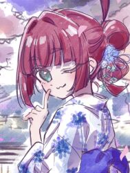  1girl :3 ;3 blunt_bangs commentary finger_to_mouth floral_print floral_print_kimono flower green_eyes hair_bun hair_flower hair_intakes hair_ornament hair_up half_updo index_finger_raised japanese_clothes kimi_no_koto_ga_dai_dai_dai_dai_daisuki_na_100-nin_no_kanojo kimono light_blush looking_at_viewer one_eye_closed print_kimono red_hair shushing sketch smile solo upper_body white_kimono yakuzen_yaku yano_akane 