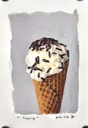  absurdres border commentary dated english_commentary food food_focus grey_background highres ice_cream ice_cream_cone katayama_joe no_humans original sprinkles traditional_media waffle_cone white_border 