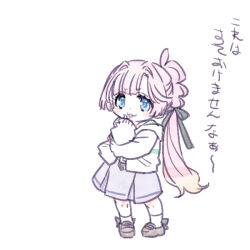  1girl :3 ahoge anyoji_hime black_bow black_ribbon blonde_hair blue_eyes blush bow bow_legwear brown_shoes commentary_request deformed dress full_body gradient_hair hair_ribbon hasu_no_sora_school_uniform hood hood_down hooded_jacket jacket loafers long_hair long_sleeves love_live! love_live!_hasu_no_sora_jogakuin_school_idol_club multi-tied_hair multicolored_hair open_clothes open_jacket open_mouth pink_hair ponytail ribbon school_uniform shinanoya_(satanicad) shoes simple_background sleeves_past_wrists smile socks solo standing summer_uniform translation_request very_long_hair virtual_youtuber white_background white_dress white_jacket white_socks 