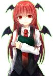  bad_id bat_wings book head_wings kanzaki_maguro koakuma light_smile long_hair maguro_(gulen-x) necktie red_eyes red_hair redhead shirt simple_background solo star the_embodiment_of_scarlet_devil touhou vest white_shirt wings 