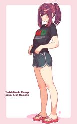  1girl bare_legs black_shirt black_shorts border breasts closed_mouth clothes_writing commentary_request copyright_name dated dolphin_shorts english_text feet flip-flops from_side full_body green_eyes highres jagi_(jagi_souken) legs light_blush looking_at_viewer nail_polish outside_border pink_border ponytail purple_hair red_nails sandals shirt short_shorts short_sleeves shorts sidelocks small_breasts smile solo standing t-shirt toenail_polish toenails toes toki_ayano white_background yurucamp 