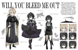  1girl 2boys absurdres ahoge bird bird_on_hand black_bow black_bowtie black_cape black_choker black_dress black_hair black_robe black_shorts black_socks black_vest blonde_hair bow bowtie braid brooch candlestand cape chinese_commentary choker clerical_collar commentary_request commission commissioner_insert cross cross_necklace degrees_of_lewdity double-parted_bangs dove dress dress_bow english_text frilled_hairband frilled_robe frills full_body glasses green_eyes hair_between_eyes hair_intakes hairband highres holding holding_candlestand jewelry juliet_sleeves kneehighs kylar_(degrees_of_lewdity) kylar_(male)_(degrees_of_lewdity) layered_ascot legwear_garter long_sleeves looking_at_viewer low_ponytail medium_dress multiple_boys multiple_expressions necklace open_hand over-kneehighs player_character_(degrees_of_lewdity) player_character_(female)_(degrees_of_lewdity) ponytail puffy_sleeves robe second-party_source semi-rimless_eyewear shirt short_hair shorts sidelocks sleeves_past_wrists socks standing stole sydney_(degrees_of_lewdity) sydney_(male)_(degrees_of_lewdity) thigh-highs twin_braids two-sided_cape two-sided_fabric under-rim_eyewear vest victorian violet_eyes waistcoat white_shirt wide_sleeves yellow_eyes 