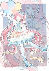 1girl absurdres ankle_bow anklet argyle_bow back_ribbon balloon bare_shoulders blue_background blue_bow blue_choker blue_dress blue_hairband blue_hat blue_pantyhose blue_ribbon blue_shoes blue_wrist_cuffs border bow chinese_commentary choker commentary_request dance_till_dawn_(infinity_nikki) detached_sleeves different_zoom_layer dress faceless faceless_female frilled_dress frilled_wrist_cuffs frills full_body gloves gradient_pantyhose hairband hat hat_bow hexagram high_heels highres holding holding_balloon infinity_nikki jewelry long_hair long_sleeves medium_dress mini_hat mini_top_hat neck_ribbon nikki_(nikki) nikki_(series) official_alternate_color outline outside_border outstretched_arm pantyhose pink_bow pink_hair pumps ribbon shanfengzhu shoes solo star_(symbol) star_choker strapless strapless_dress top_hat twintails two-tone_bow two-tone_dress two-tone_wrist_cuffs unmoving_pattern very_long_hair waist_bow wavy_hair white_border white_dress white_gloves white_outline white_sleeves white_wrist_cuffs wrist_cuffs yellow_bow zoom_layer