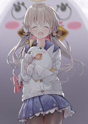  1girl absurdres assault_rifle black_pantyhose blue_archive blue_sailor_collar blue_skirt blurry blurry_background blush brown_hair cardigan character_doll closed_eyes commentary_request cowboy_shot depth_of_field doll gun gun_sling hair_between_eyes halo hifumi_(blue_archive) highres hugging_doll hugging_object long_hair open_mouth pantyhose peroro_(blue_archive) petticoat pleated_skirt rifle sailor_collar shade skirt solo sonoji variant_set weapon weapon_on_back white_cardigan yellow_halo 