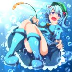  ao-0817 aqua_eyes aqua_hair blue_eyes blue_hair cattail hair_bobbles hair_ornament hat kawashiro_nitori key plant rubber_boots solo swimsuit swimsuit_under_clothes touhou twin_tail twintails underwater 