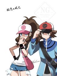 1boy 1girl backwards_hat baseball_cap blue_eyes blue_jacket brown_eyes brown_hair commentary_request denim denim_shorts exposed_pocket hat highres hilbert_(pokemon) hilda_(pokemon) holding holding_poke_ball jacket poke_ball poke_ball_(basic) pokemon pokemon_black_and_white shorts wakuno_lemon zipper_pull_tab 