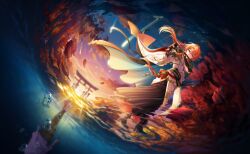 1boy 1girl autumn_leaves barefoot black_gloves blonde_hair blue_eyes clouds commentary_request dress fire floating_hair game_asset gloves hakama hakama_skirt highres holding holding_weapon instrument japanese_clothes katana leaf long_hair looking_at_viewer multiple_girls non-web_source official_art orange_hair outdoors ramona_wolf red_hair reflection self-datamine sheath skirt sky standing sword torii tree water weapon wide_sleeves world_dai_star 