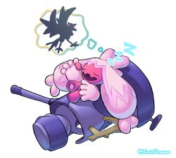  1girl absurdres artist_name bird colored_skin corviknight dreaming full_body hammer highres just_dreamo no_humans open_mouth pink_hair pink_skin pokemon pokemon_(creature) pokemon_scarlet_and_violet red_eyes simple_background sleeping smile speech_bubble thought_bubble tinkaton zzz 