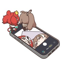  :3 animal_ears black_streaks bloodymoonia bow brown_capelet capelet cellphone cellphone_photo chibi chibi_only english_commentary feather_hair_ornament feathers figures_taking_selfie_(meme) hair_ornament hakos_baelz hakos_baelz_(1st_costume) highres hololive hololive_english iphone meme mini_person minigirl mouse_ears mouse_girl mouse_tail mousetrap multicolored_hair nanashi_mumei phone red_hair smartphone smile solid_oval_eyes standing_on_object streaked_hair tail tail_bow tail_ornament user_interface viewfinder virtual_youtuber white_background white_streaks 