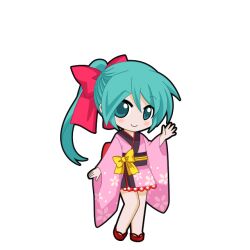  1girl aqua_eyes aqua_hair bare_legs black_outline blush bow chibi chibi_only closed_mouth floral_print floral_print_kimono full_body game_asset hair_between_eyes hair_bow hand_up hatsune_miku hatsune_miku_graphy_collection japanese_clothes kimono long_hair looking_at_viewer obi obijime okobo outline pink_kimono platform_sandals ponytail print_kimono red_bow sandals sash short_kimono smile solo standing transparent_background vocaloid yellow_bow 