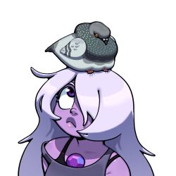  1girl amethyst_(steven_universe) animal bird bra bra_peek bra_strap chest_jewel colored_skin discount-supervillain gem gem_(steven_universe) hair_over_one_eye long_hair pigeon purple_gem purple_hair purple_skin round_nose shirt solo steven_universe thick_lips underwear 