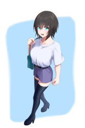  1girl alternate_costume aoi_erika arm_at_side bag belt black_belt black_boots black_hair blue_background blue_bag blue_eyes boots breasts casual collarbone commentary_request commission eyes_visible_through_hair full_body grey_shorts hair_between_eyes hand_up handbag heaven_burns_red highres jjaga236 large_breasts looking_at_viewer medium_hair shirt short_sleeves shorts simple_background solo standing t-shirt thigh_boots white_shirt zettai_ryouiki 