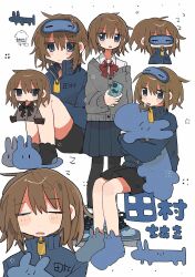  1girl absurdres black_pantyhose black_shorts blue_jacket blue_shoes blush_stickers bow bowtie brown_hair buttons cardigan cellphone chibi closed_eyes closed_mouth collared_shirt commentary_request double-parted_bangs grey_cardigan hair_between_eyes highres holding holding_phone jacket multiple_views off_shoulder open_mouth original pantyhose phone red_bow red_bowtie school_uniform shirt shoes short_hair shorts simple_background sleep_mask sleeping smartphone sneakers uenae_chiyiro white_background white_shirt zzz 