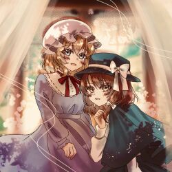  2girls absurdres black_hat black_skirt blonde_hair blue_eyes blush bow brown_eyes brown_hair commentary curtains dress hair_between_eyes hair_bow hat hat_bow highres ibispaint_(medium) long_sleeves maribel_hearn marimohu_starry medium_hair middle_ring mob_cap multiple_girls neck_ribbon open_mouth purple_dress red_ribbon ribbon shirt shirt_tucked_in skirt touhou usami_renko white_bow white_hat white_shirt 