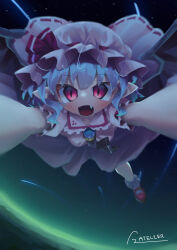  1girl absurdres bat_wings blue_hair blush brooch commentary_request dress fang flying frilled_socks frills full_body gomatti2305 hat high_up highres jewelry looking_at_viewer meteor_shower mob_cap motion_blur night perspective pink_dress pink_hat reaching reaching_towards_viewer red_eyes remilia_scarlet shoes short_hair short_sleeves signature sky socks solo star_(sky) touhou vampire wings 