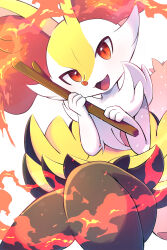  1girl :d animal_ear_fluff animal_ears animal_nose black_fur blush body_fur braixen closed_mouth commentary_request cowboy_shot fang fire flat_chest fox_ears fox_girl fox_tail furry furry_female happy highres holding holding_stick light_blush looking_at_viewer multicolored_fur pokemon pokemon_(creature) red_eyes rumine_(yoshi1234567) simple_background smile snout solo stick tail white_background white_fur yellow_fur 