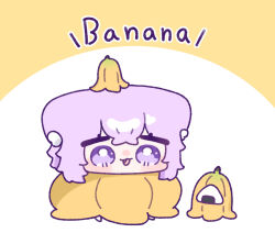  1girl :3 :d animal_ear_fluff animal_ears banana bright_pupils cat_ears cat_girl chibi chibi_only commentary_request crossed_bangs double-parted_bangs fang food fruit full_body hair_between_eyes hololive nekomata_okayu open_mouth purple_hair short_hair smile solo violet_eyes white_pupils yananang 