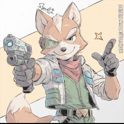  1boy aiming aiming_at_viewer animal_ears black_gloves bodysuit brown_fur energy_gun fox_boy fox_ears fox_mccloud furry furry_male gloves green_bodysuit green_eyes gun holding holding_gun holding_weapon jacket ray_gun red_scarf scarf scouter smile snout solo soy-chan star_fox upper_body weapon white_jacket 