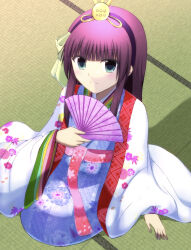  1girl alternate_costume angel_beats! arm_at_side blue_kimono blunt_bangs blush bow cherry_blossom_print closed_mouth commentary_request eyes_visible_through_hair floral_print floral_print_kimono folding_fan full_body green_bow green_eyes hair_between_eyes hair_bow hairband hand_fan hand_up highres hinamatsuri hirabitai holding holding_fan indoors japanese_clothes kimono layered_kimono lelie_(lelie_link) long_sleeves looking_at_viewer medium_hair nakamura_yuri on_floor print_kimono purple_hair purple_hairband sitting smile solo split_mouth straight_hair tatami v-shaped_eyebrows white_kimono wide_sleeves 