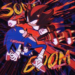 2boys bandana bandana_around_neck chinese_commentary clenched_hands commentary_request constricted_pupils copyright_name czy_(2894456992) furry furry_male gloves green_eyes male_focus motion_blur multiple_boys punching red_eyes red_shoes shadow_the_hedgehog shoes sonic_(series) sonic_boom_(series) sonic_the_hedgehog twitter_username watermark white_gloves 