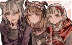  3girls animal_ear_fluff animal_ears azusawa_kohane black_gloves blonde_hair bow bowtie brown_bow brown_bowtie brown_eyes brown_hair cape_clasp capelet closed_mouth collared_shirt commentary_request fangs flower frilled_hairband frills fur_trim gloves goat_girl goat_horns green_eyes grey_eyes grey_hair hair_between_eyes hair_flower hair_ornament hairband hanasato_minori hand_up headscarf heart highres hinomori_shiho horns kemonomimi_mode long_hair long_sleeves looking_at_viewer multiple_girls official_alternate_costume official_alternate_hairstyle open_mouth outline project_sekai purple_shirt red_capelet red_flower red_hairband shirt short_hair sidelocks simple_background smile spoken_heart swept_bangs tearing_up upper_body v v_over_mouth white_headscarf white_outline white_shirt wolf_ears wolf_girl yhr05 zekkyou!?_ookami_no_mori_e_youkoso!_(project_sekai) 