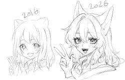  1girl 2016 2026 :3 :d aegyo_sal animal_ears artist_name artist_progress cat_ears cat_girl collared_shirt commentary cropped_shoulders double-parted_bangs english_commentary eyelashes fang fangs fingernails greyscale hair_between_eyes hair_flaps hair_intakes hand_up hatching_(texture) highres light_blush looking_at_viewer medium_hair monochrome multiple_views original sasucchi95 shirt sidelocks simple_background sketch skin_fang slit_pupils smile teeth tongue w white_background 