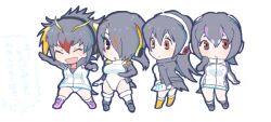  4girls animal_ears animal_print archived_source black_gloves black_hair black_jacket black_shoes blush brown_eyes chibi closed_eyes elbow_gloves emperor_penguin_(kemono_friends) gentoo_penguin_(kemono_friends) gloves hair_over_one_eye hairband hand_on_own_face hand_up harutarou headphones humboldt_penguin_(kemono_friends) jacket kemono_friends kneehighs long_hair looking_at_another multicolored_jacket multiple_girls oekaki one-piece_swimsuit panties penguin_girl penguin_tail pink_shoes rockhopper_penguin_(kemono_friends) shoes short_hair skirt smile socks swimsuit tail two-tone_jacket underwear white_background white_one-piece_swimsuit yellow_shoes 