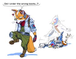  2boys ? animal_ears animal_legs beak belt bird_boy bird_legs bird_tail boots coal_bones digitigrade english_text fox_boy fox_ears fox_tail furry furry_male gloves green_eyes green_jumpsuit highres jacket jumpsuit looking_at_foot looking_down male_focus multiple_boys neckerchief red_neckerchief speech_bubble standing standing_on_one_leg star_fox star_fox_(2026) tail talons tripping 