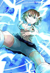  1girl aiming aiming_at_viewer asymmetrical_bangs brown_eyes brown_hair brown_sweater_vest closed_mouth coin collared_shirt commentary_request electricity electrokinesis grey_skirt hair_ornament hairpin highres holding holding_coin incoming_attack looking_at_viewer loose_socks miniskirt misaka_mikoto pleated_skirt railgun_(misaka_mikoto) school_emblem school_uniform shirt short_hair short_sleeves shorts shorts_under_skirt simple_background skirt smile socks solo summer_uniform sweater_vest toaru_kagaku_no_railgun toaru_majutsu_no_index tokiwadai_school_uniform user_jjag5532 v-neck white_shirt white_socks 