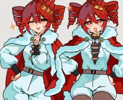  1girl aki_achimara_xd alternate_costume belt cape crown hand_on_own_hip hands_on_own_hips kasane_teto multiple_views red_cape red_eyes red_hair shirt shorts sparkling_eyes utau white_shirt white_shorts yellow_collar 