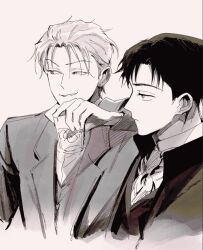  2boys black_hair closed_mouth commentary_request cup devon_(witch's_island) drink expressionless green_suit grey_eyes grey_hair grey_suit hair_slicked_back hand_up holding holding_cup ice ice_cube korean_commentary male_focus multiple_boys necktie official_artist_extra parted_lips partially_colored ppotatornado short_hair smile suit upper_body white_necktie witch's_island zeke_(witch's_island) 