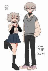  1boy 1girl :3 :d black_pants black_shoes black_socks blue_skirt blunt_bangs blush_stickers bow bowtie closed_eyes closed_mouth collared_shirt commentary_request dot_nose double_bun full_body grey_eyes grey_hair grey_sweater_vest hair_bun hand_in_pocket hands_up highres kneehighs layered_sleeves long_sleeves looking_at_viewer miniskirt open_mouth original pants pink_bow pink_bowtie pleated_skirt purple_shoes shirt shoes short_hair short_over_long_sleeves short_sleeves simple_background skirt smile socks standing standing_on_one_leg sweater_vest uenae_chiyiro white_background white_shirt 