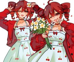  1girl aki_achimara_xd alternate_costume bouquet cherry_print coat dress drill_hair flower food_print fruit_print hair_flower hair_ornament holding holding_bouquet kasane_teto multiple_views open_clothes open_coat red_coat red_eyes red_hair utau white_background white_dress white_flower 