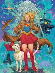  1girl animal_collar animal_ears animal_nose blonde_hair blue_eyes blue_shirt boots brown_coat capelet coat collar dc_comics dog_ears dog_tail hands_on_own_hips highres knee_boots krypto_the_superdog long_hair looking_at_viewer official_art red_boots red_capelet red_skirt shirt skirt supergirl supergirl_(2026) superhero_costume superman_(series) superman_logo tail white_coat white_fur 