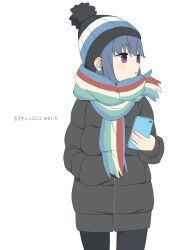  1girl absurdres ame_miya_ta beanie black_hat black_jacket black_pantyhose blue_hair blue_hat blue_scarf blush_stickers brown_scarf cellphone commentary_request cropped_legs down_jacket green_scarf hat highres holding holding_phone jacket long_sleeves looking_to_the_side multicolored_hat multicolored_scarf open_mouth pantyhose phone pom_pom_(clothes) pom_pom_beanie red_scarf scarf shima_rin simple_background smartphone solo striped_clothes striped_scarf violet_eyes white_background white_hat yurucamp 