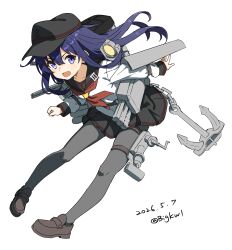  1girl absurdres akatsuki_(kancolle) akatsuki_kai_ni_(kancolle) anchor badge bigkwl black_hair black_hat black_sailor_collar black_skirt blue_eyes commentary_request dated flat_cap full_body grey_pantyhose hat highres kantai_collection long_hair neckerchief one-hour_drawing_challenge pantyhose pleated_skirt red_neckerchief rigging sailor_collar sailor_shirt searchlight shirt simple_background skirt smile solo twitter_username white_background white_shirt 