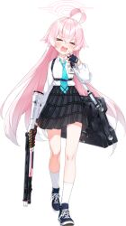  >_< 1girl 9ml ahoge ammunition arm_at_side beretta_1301 black_gloves black_skirt blue_archive blue_necktie blue_shoes blush chest_harness closed_eyes collared_shirt cross-laced_shoes facing_viewer fang fingerless_gloves full_body game_asset gloves hair_between_eyes hair_flaps halo hand_to_own_mouth hand_up harness heel_up highres holding holding_weapon hoshino_(blue_archive) id_card large_variant_set long_hair long_sleeves miniskirt necktie official_art open_mouth pink_hair pink_halo plaid_clothes plaid_skirt pleated_skirt school_uniform shirt shirt_tucked_in shoes shotgun_shell sidelocks simple_background skirt sneakers socks solo standing sweat tachi-e third-party_source transparent_background v-shaped_eyebrows variant_set very_long_hair weapon weapon_case white_shirt white_socks 