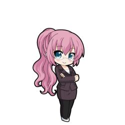  1girl black_pantyhose brown_jacket brown_skirt chibi chibi_only crossed_arms glasses hatsune_miku_graphy_collection high_heels jacket lapels legs_together megurine_luka office_lady pantyhose pencil_skirt pink_hair pinstripe_jacket pinstripe_pattern pinstripe_skirt ponytail pumps shoes skirt skirt_suit solo standing suit transparent_background white_shoes 