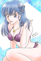  1girl aononmi artist_name bare_arms bare_legs bare_shoulders bikini blue_background blue_eyes blue_hair bra braid gold_necklace hand_on_own_shoulder highres jewelry long_hair looking_at_viewer maison_ikkoku necklace open_mouth otonashi_kyouko purple_bikini purple_bra signature single_braid smile swimsuit thighs underwear 